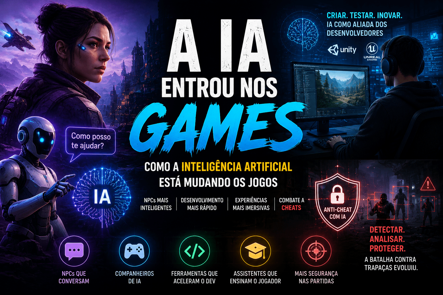 Imagem de capa: A IA entrou nos games: como a Inteligência Artificial está mudando os jogos — dos NPCs ao combate contra cheats